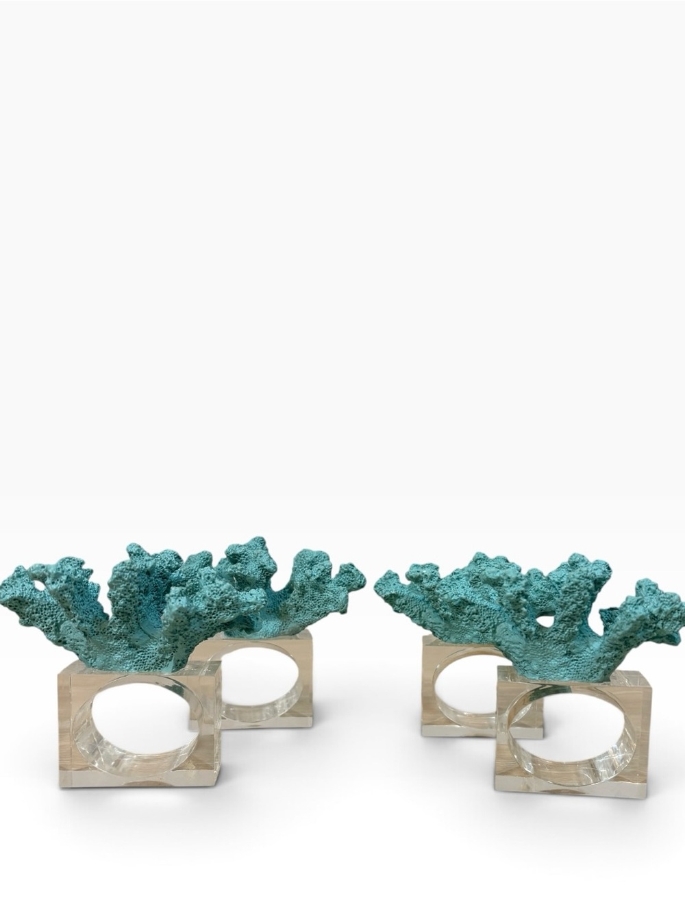 Coastal Style Blue Faux Coral With Acrylic Base Napkin Rings Set of 4